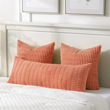 Fancy Homi Coral Long Body Lumbar Lumbar Decorative Throw Pillow Covers 20x54 Inch for Bed Couch Bedroom Bench, Soft Corduroy Rectangle Solid Pillow Case, Rustic Farmhouse Boho Room Decor