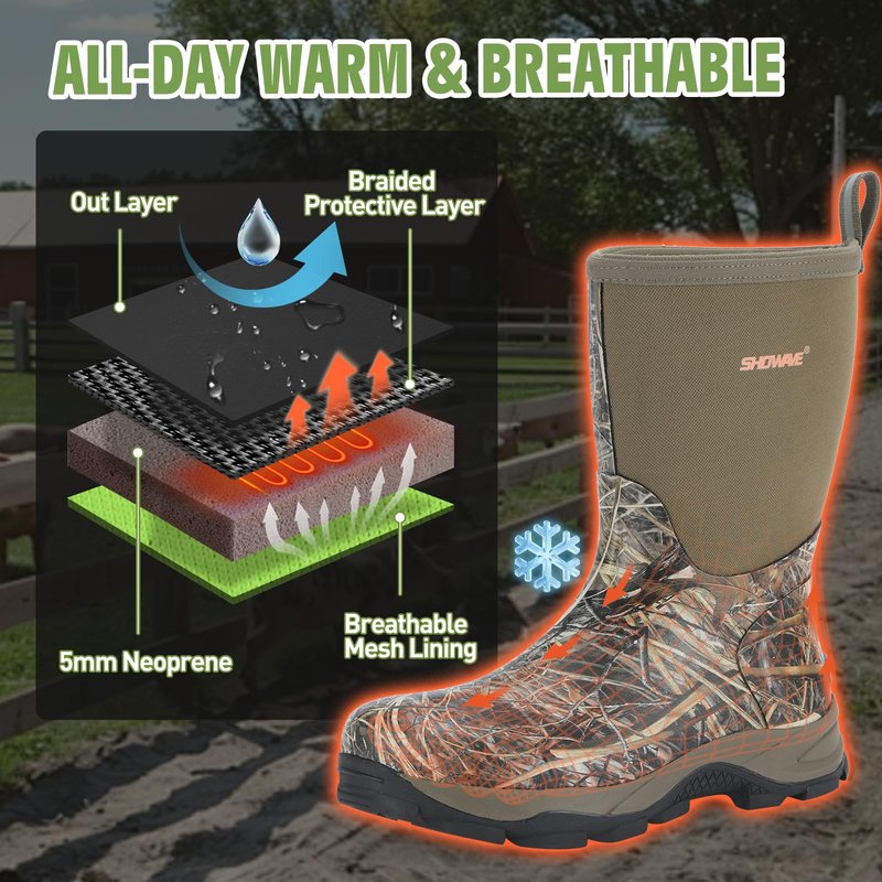 Showave Men's Mid Calf Rubber Work Boots Waterproof Insulated Rain Boots for Outdoor Mud Gardening