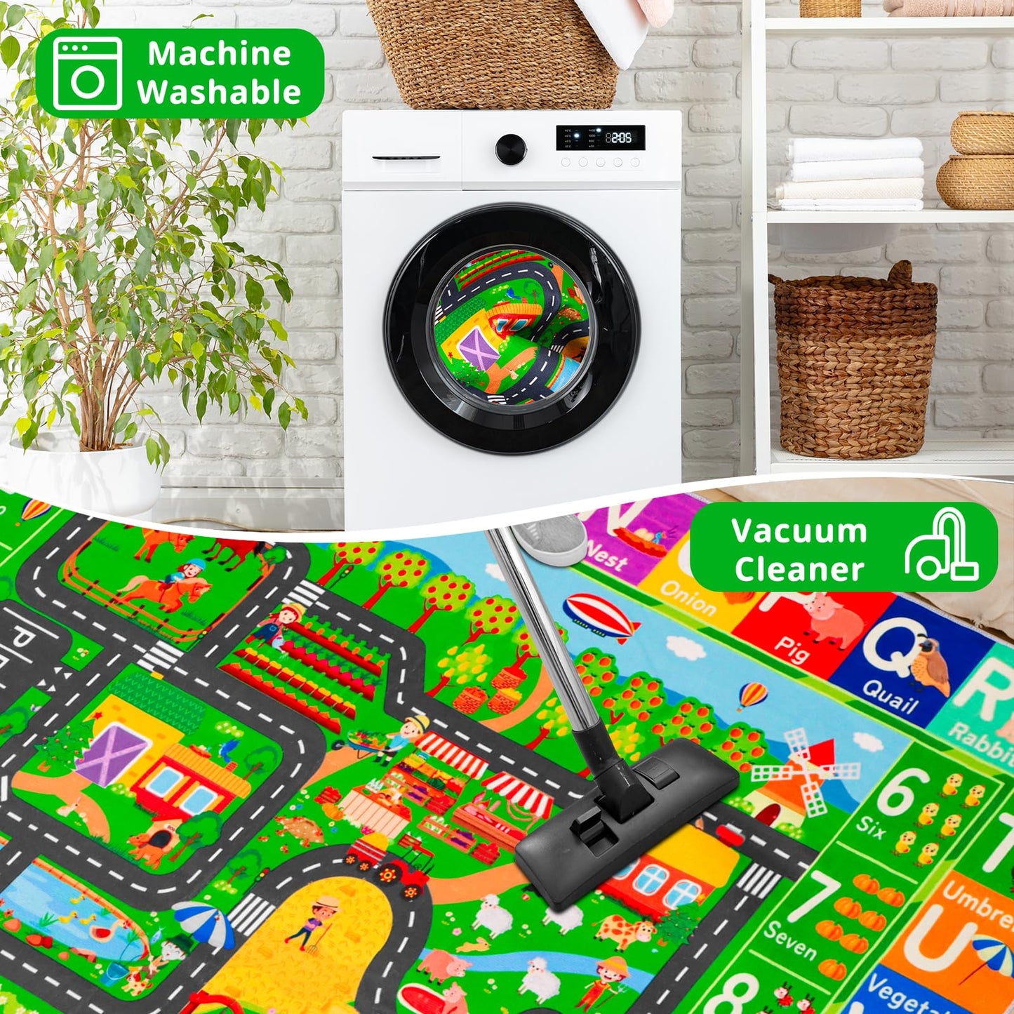 DINSUMRUG Kids Rugs for Toy Cars Playroom 59"×39.4" ABC Farm Life Road Traffic Kids Car Road Rugs Village Map Play Mat for Boys Room Family Tummy Time Playtime Learning Carpet