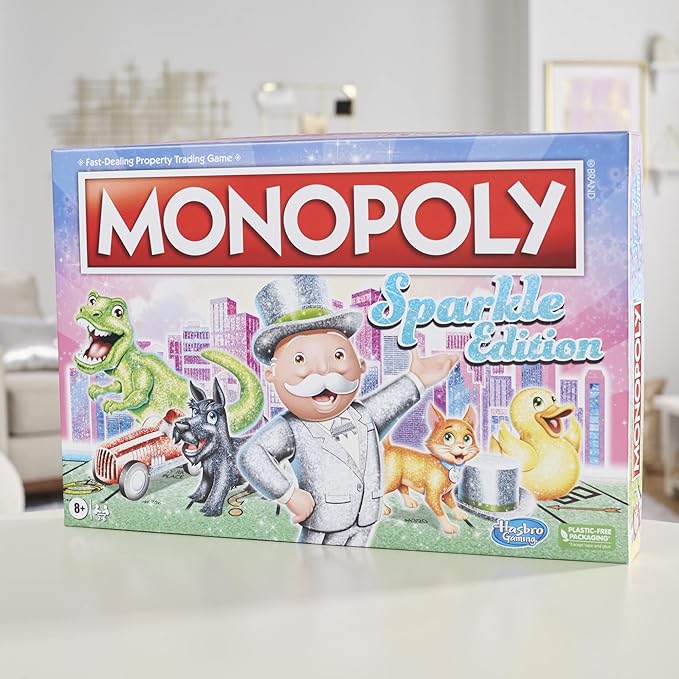 Hasbro Gaming Monopoly Sparkle Edition Board Game Family Games with Glittery Tokens Pearlescent Dice Sparkly Look (Amazon Exclusive)