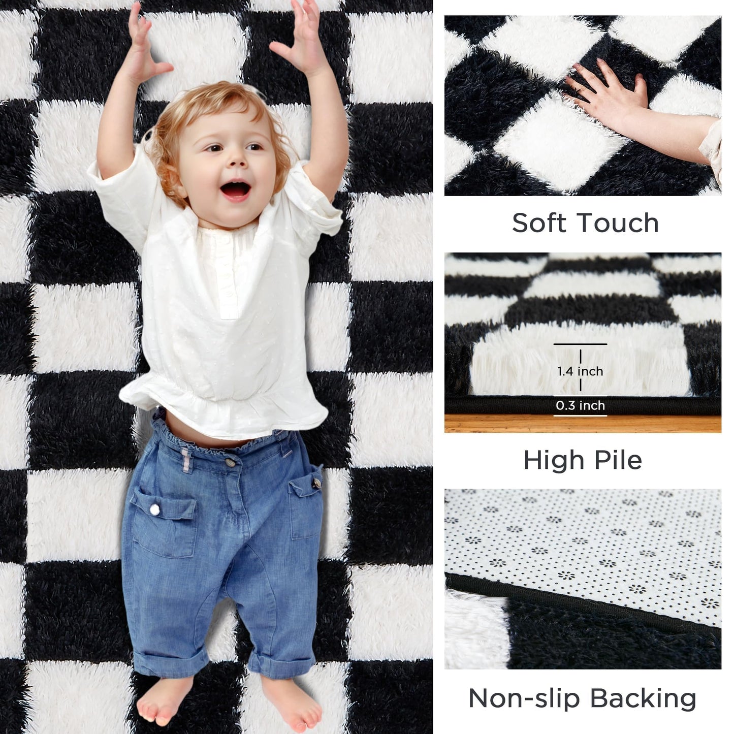 Andency 5x7 Ft Black and White Area Rug for Living Room Classic Checkered Shaggy Rug Non-Slip High Pile Soft Fluffy Rug Fuzzy Carpet Bedroom Kids Toddler Room Nursery Playroom Bedroom