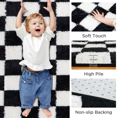 Andency 5x7 Ft Black and White Area Rug for Living Room Classic Checkered Shaggy Rug Non-Slip High Pile Soft Fluffy Rug Fuzzy Carpet Bedroom Kids Toddler Room Nursery Playroom Bedroom