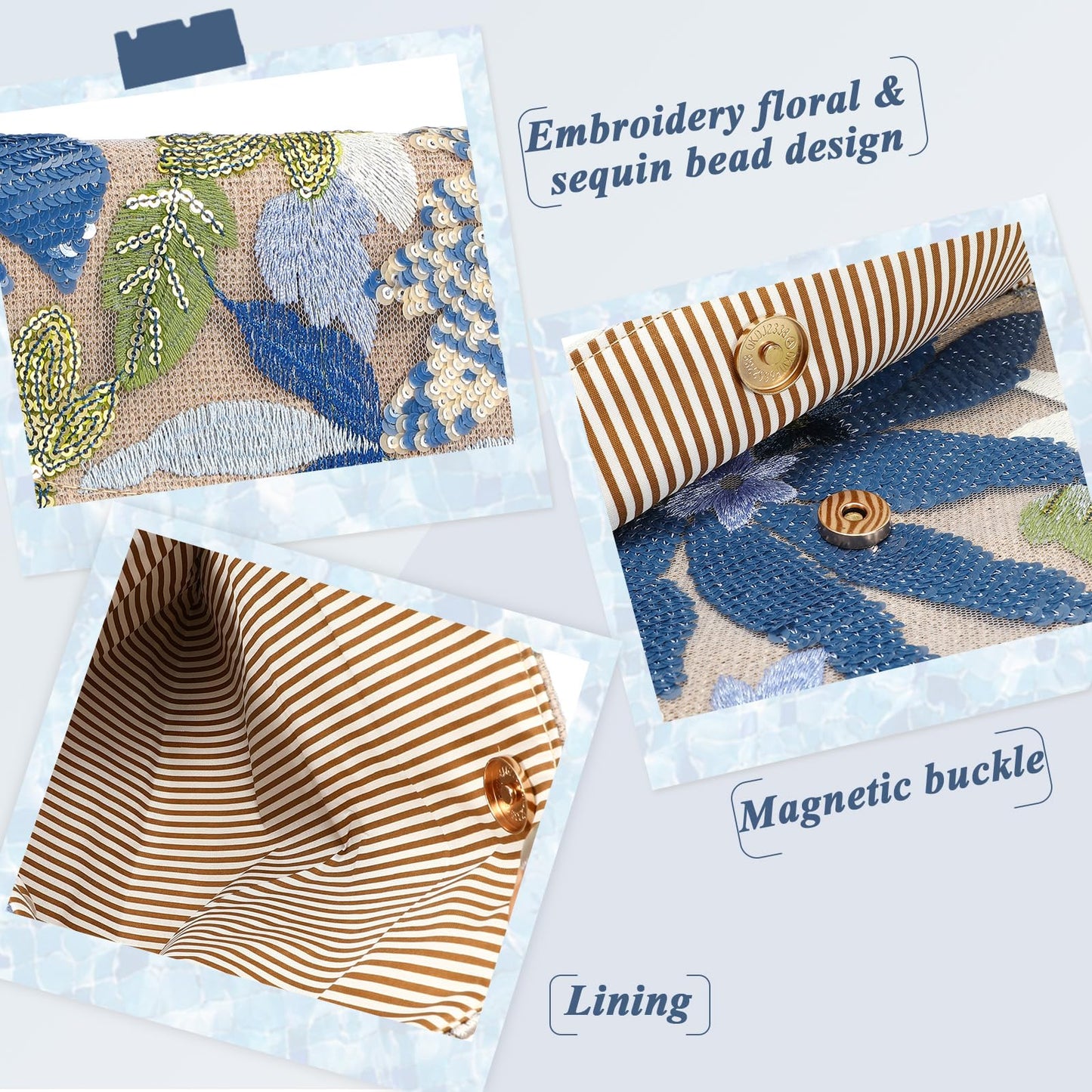 XquiziFit Floral Beaded Clutch Embroidery Sequin Beaded Purse Small Evening Clutch Purses for Women Blue Clutch