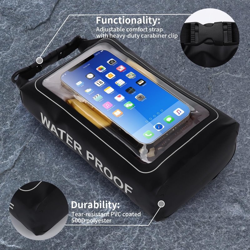 TYUTOSEG IP68 Waterproof Dry Bag, 2L - Roll Top Waterproof Pool Bag，Dry Bags for Kayaking Waterproof-w/Phone Pouch,Large Waterproof Phone Pouch,Boating & Kayak Accessories Camping (Black)