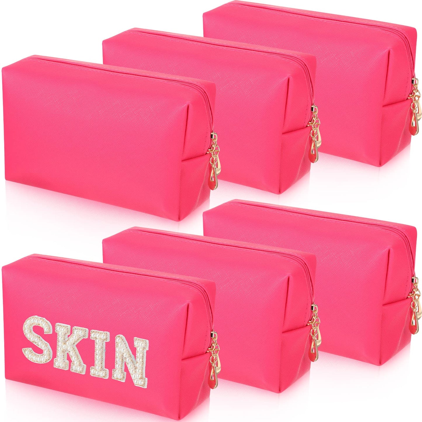 Gerrii 6 Pcs Preppy Patch Makeup Bag PU Leather Cosmetic Pouch Waterproof Cosmetic Pouch with Zipper Portable Travel Toiletry Organizer Bag Makeup Case Gift for Women Friends(Rose Red)