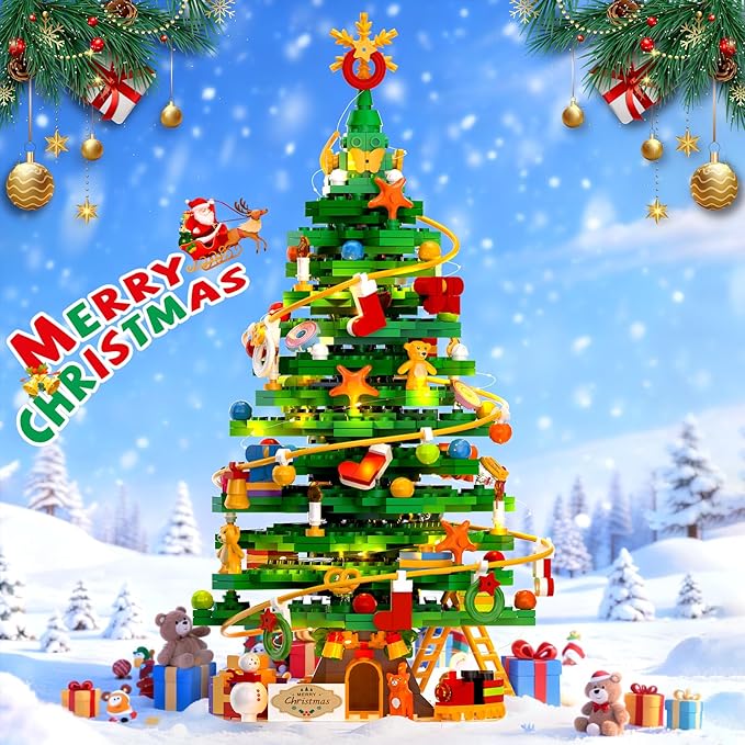 Christmas Tree with LED Light Building Blocks Compatible with Lego Christmas Ornaments Set for Tabletop Home Wreath Snowflake Xmas Decoration Stocking Stuffers Toy for Boys Girls Adults