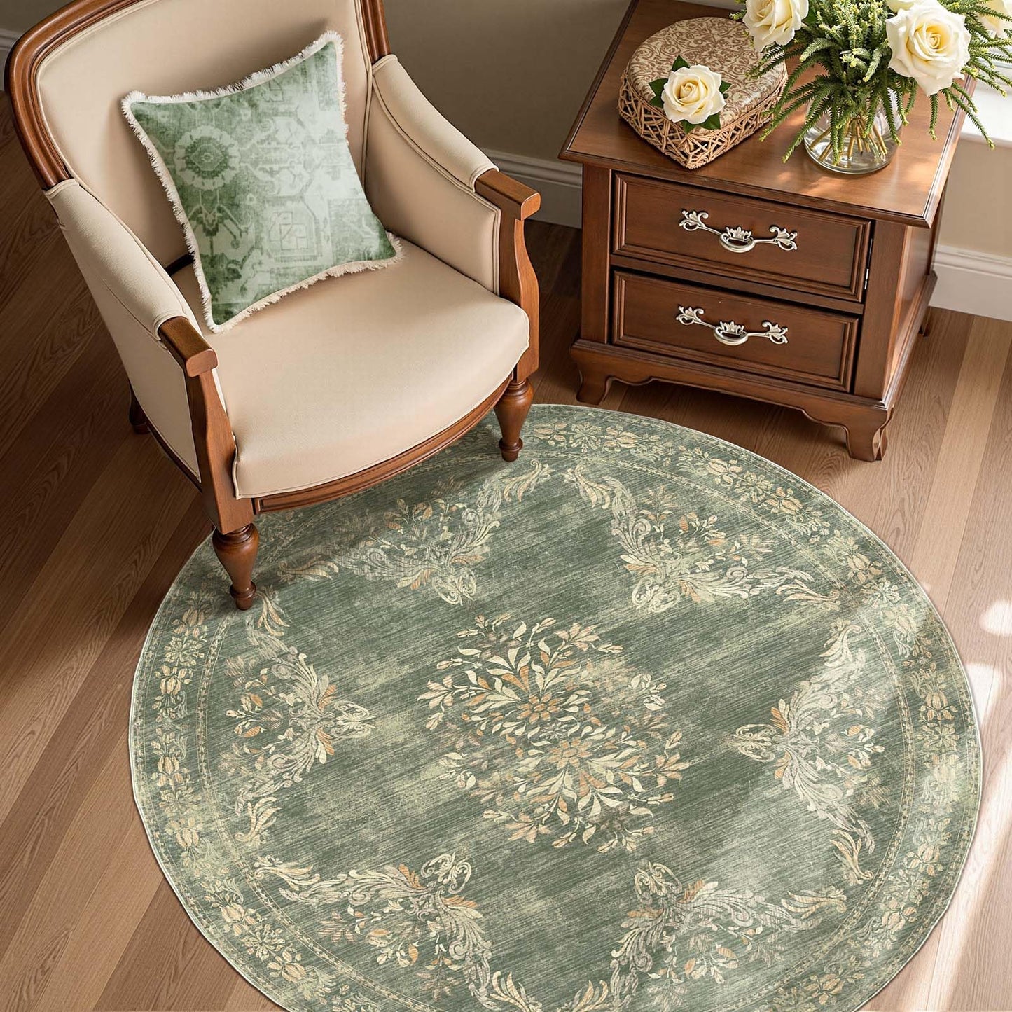 jinchan Round Rug 4ft Area Rugs Vintage Floral Distressed Design,Machine Washable Soft Non-Slip Low-Pile Ultra-Thin Circle Rug for Entryway Bedside Living Room Kitchen Nursery (4' Round,Dark Green)
