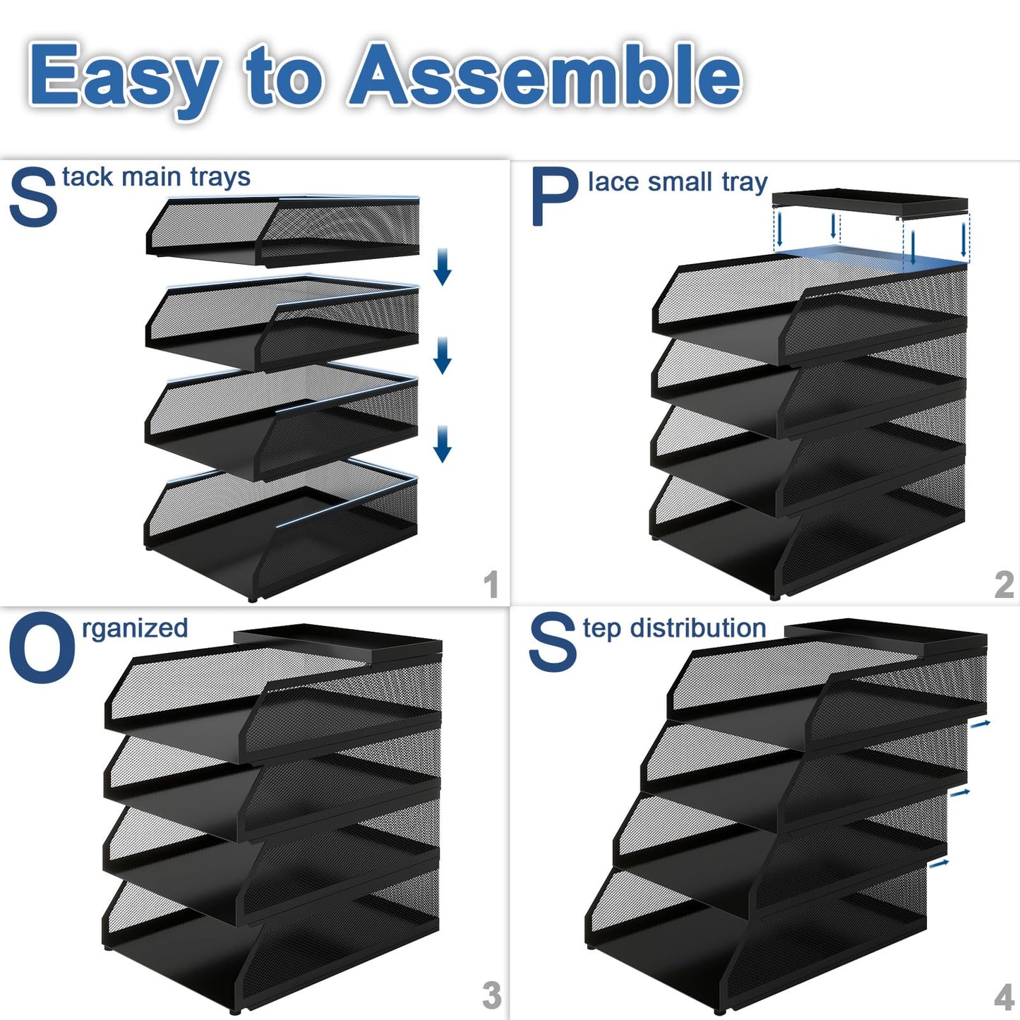Natwind 4-Tier Paper Organizers,Desk Organizer,Stackable Paper Tray, Desk Accessories,Metal Mesh Desktop Organizer,Letter Trays,File Document Storage Rack for for Home, Office, School (Black)