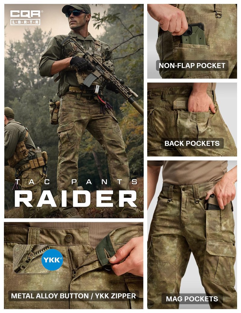 CQR Men's Tactical Pants, Water Resistant Ripstop Cargo Pants, Lightweight EDC Work Hiking Pants, Outdoor Apparel, Duratex Mag Pocket Print Fractal Camo, 36W x 36L
