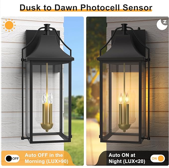 𝟮𝟱-𝗜𝗡𝗖𝗛 Outdoor Wall Lights Fixtures, Large Size Dusk to Dawn Waterproof Exterior Lanterns, Modern Porch Sconce Wall Mounted with Glass, Black Outside Lights for House Patio Front Door