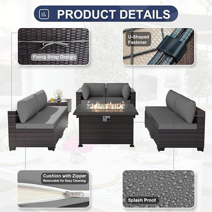 Kurapika 11 Pieces Patio Furniture Set, Rattan Wicker Outdoor Conversation Sets w/43in Propane Fire Pit Table, Swivel Rocking Chairs Patio Sectional Sofa w/4 Inch Cushion, Grey