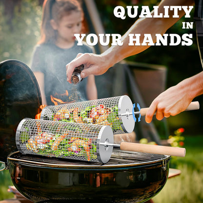 ivtivfu Rolling Grill Baskets, Removable Wooden Handle, 304 Stainless Steel, Nesting Grilling, BBQ Accessories Tools for Vegetable Shrimp, Outdoor Cooking Camping, Birthday Gifts for Men Dad Husband