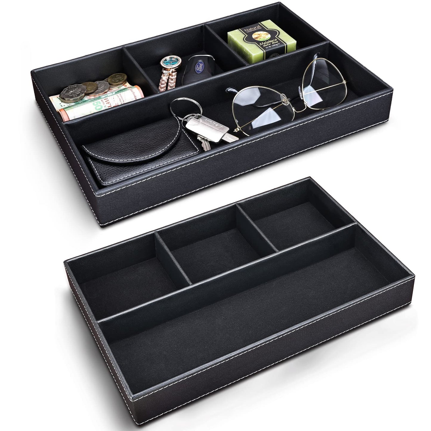 GORESE 2 Pieces Faux Leather Valet Tray for Men, Stackable Jewelry Organizer for Drawers, Nightstand Caddy Tray for Key, Wallet, Sunglass, Watch, Coin, Phone, Bedside Desk-top Storage Black