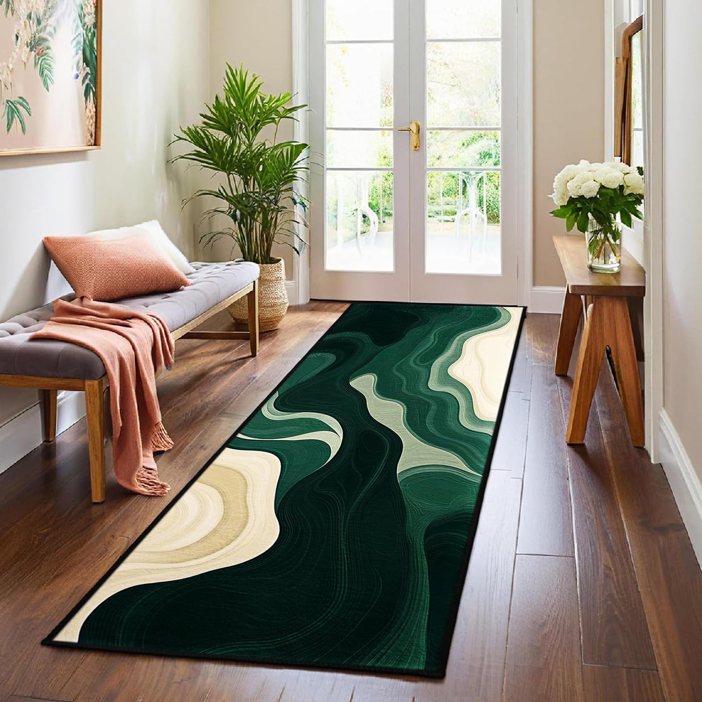 AQQA Sage Green Runner Rug 2x6,Abstract Wavy Hallway Runner, Washable Non-Slip Long Rug for Kitchen,Modern Art Deco Entryway Rug,Low-Pile Indoor Floor Carpet for Laundry Room,Bedside,Office (Emerald)