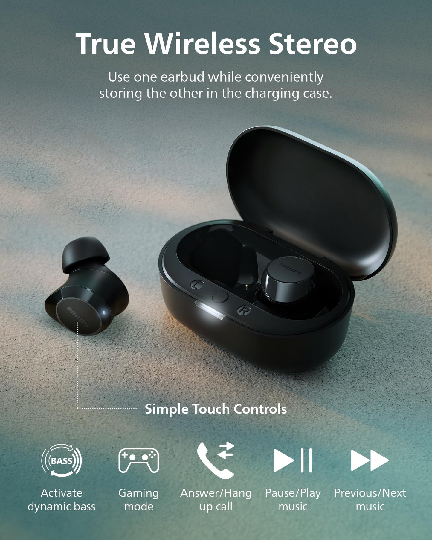 Philips TAT1219 True Wireless Bluetooth Earbuds - 18 Hours Play Time, Dynamic Bass, Clear Calls, IPX4 Water Resistant, Black