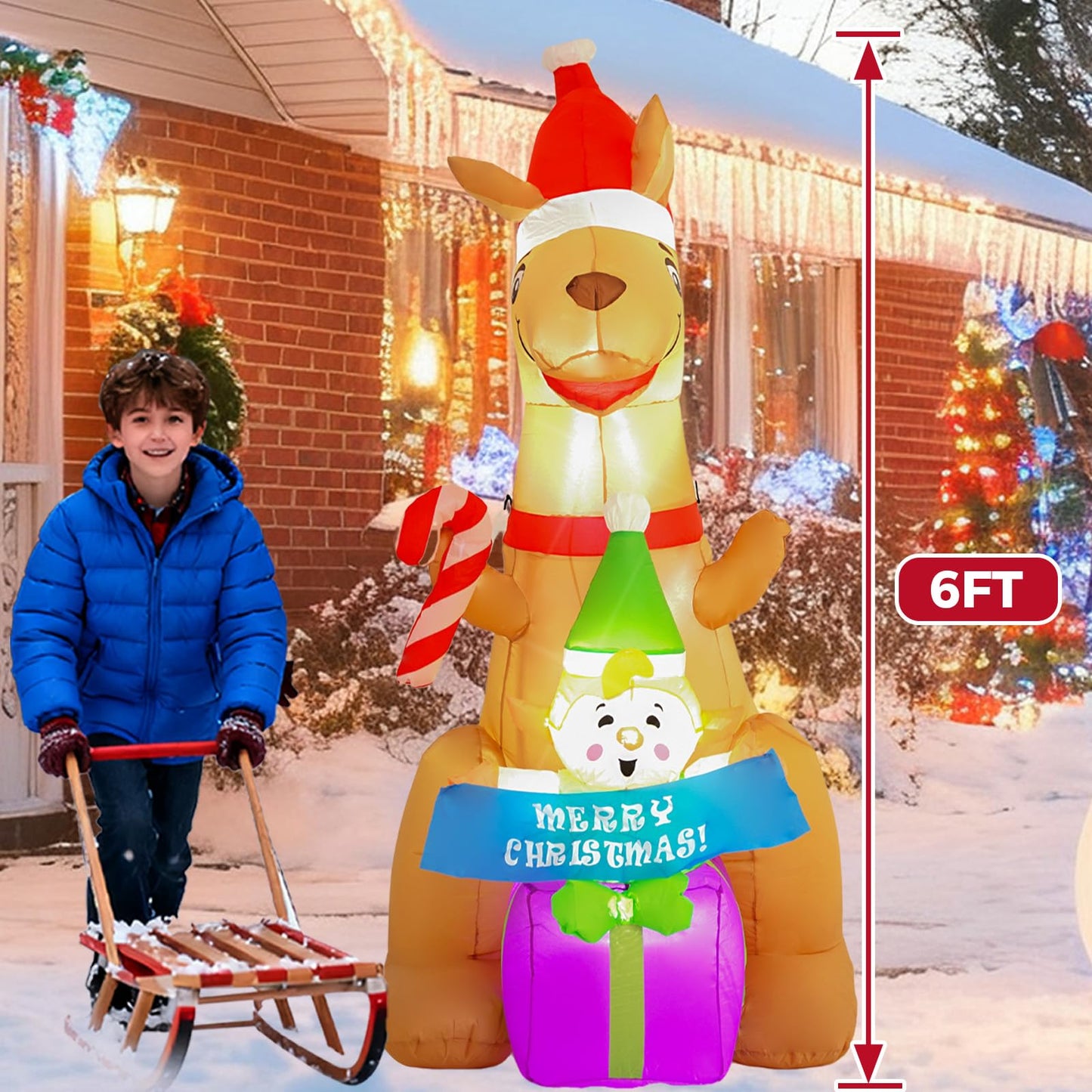 InfleasJoiy 6FT Kangaroo Afu Inflatable Decoration with Built-in LED Lights, Christmas Outdoor Inflatable Decoration for Lawns, Yards, Gardens, and Patios