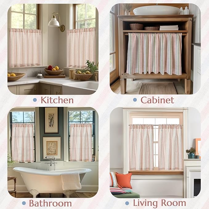 jinchan Striped Linen Kitchen Curtains 24 Inches Christmas Tier Curtains Farmhouse Modern Cafe Style Small Window Treatments Airy Light Filtering Rod Pocket for Living Room Bathroom 2 Panels Candy
