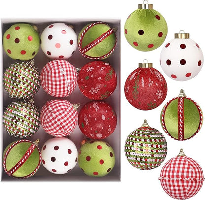 80MM/3.14" Velvet Christmas Ball Ornaments, 12PCS Shatterproof Flocking Foam Ornaments Set for Christmas Tree Hanging Decorations, for Home Holiday Party Indoor Xmas Decor. (Red/Green/White)