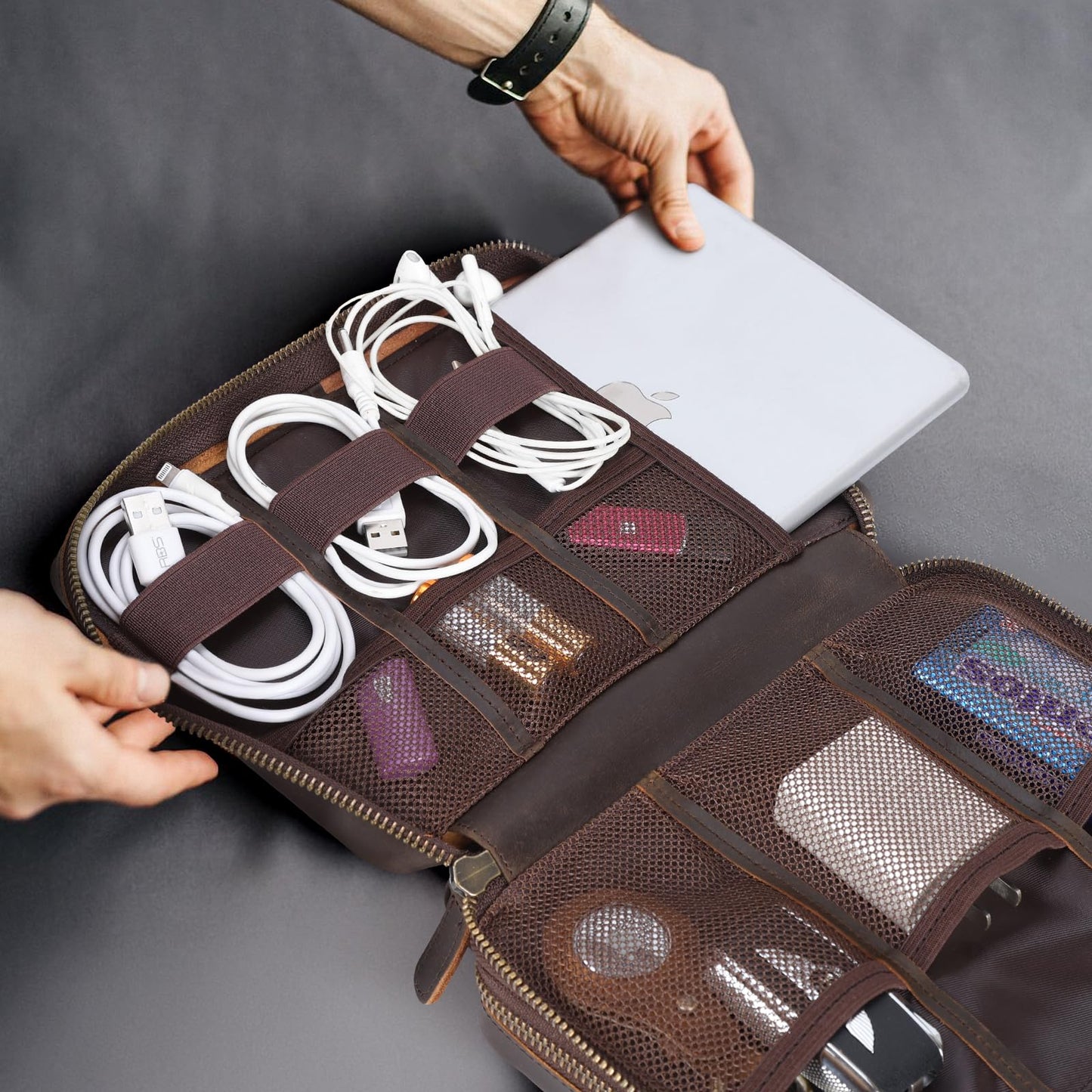Polare Full Grain Leather Travel Cable Organizer Case Double Layer Electronics Accessories Carry Bag with YKK Zippers Tech Storage Bag for Cables, Power Bank, USB, SD Card