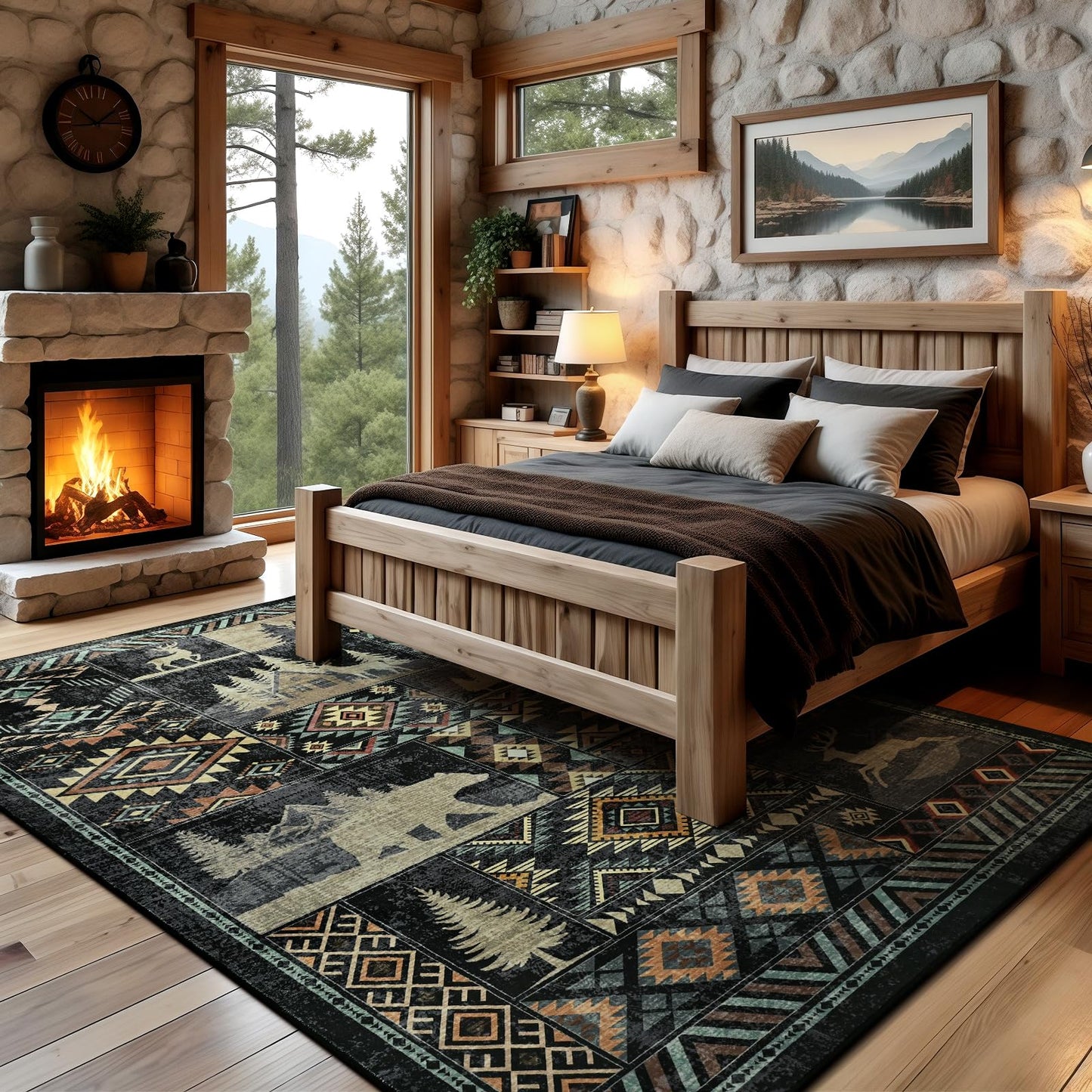 HOMORE Rustic Cabin Living Room Rug 5x7, Washable Southwestern Area Rug Geometric Carpet with Bear Print, Western Rugs for Bedroom Dining Room,Black