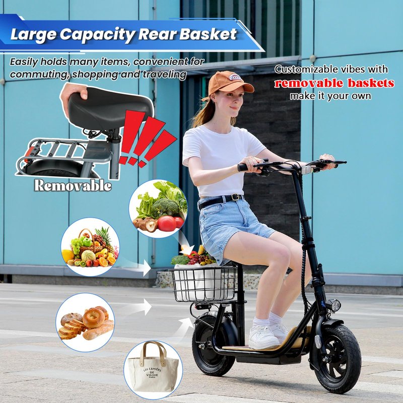 Caroma Peak 1200W Electric Scooter with Seat, 30 Miles Max Range, Electric Scooter Adults, Up to 20MPH Foldable Escooter with Basket,Key Start Adjustable E-Scooter,Classic White
