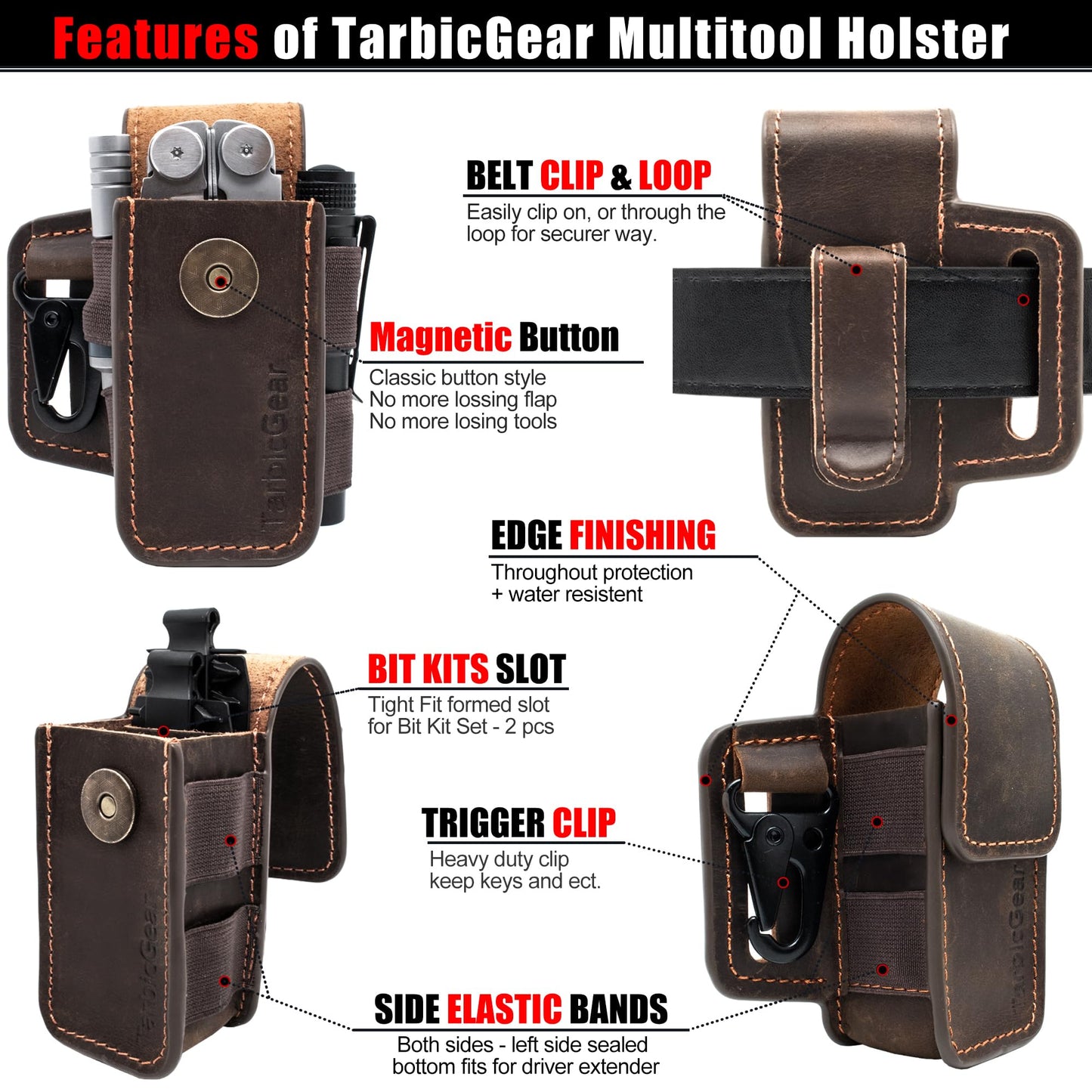 TarbicGear Leather Multitool Sheath for Belt, Multitool Holster with Belt Clip for Men, Pocket Organizer for Work, Fits for Leatherman, SOG, Gerber Tools, Dark Brown, Large
