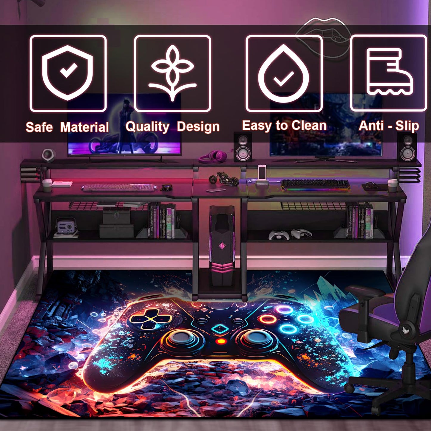 Gaming Area Rug Teen Boys Carpet, Colorful Gamepad Background Game Controller Design for Game Room, Boys Girls Bedroom Playroom, Living Room (Crystal Cave, 60" x 40")