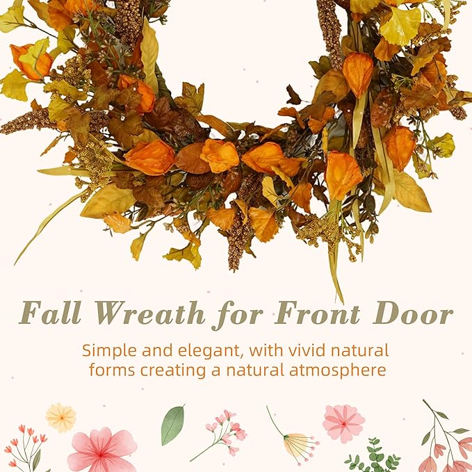 YNYLCHMX 18" Fall Wreaths for Front Door, Artificial Autumn Wreath with Cape Gooseberry and Ginkgo Leaves for Home Porch Window Wall Farmhouse Decor, Indoor Outdoor, Holiday Decor