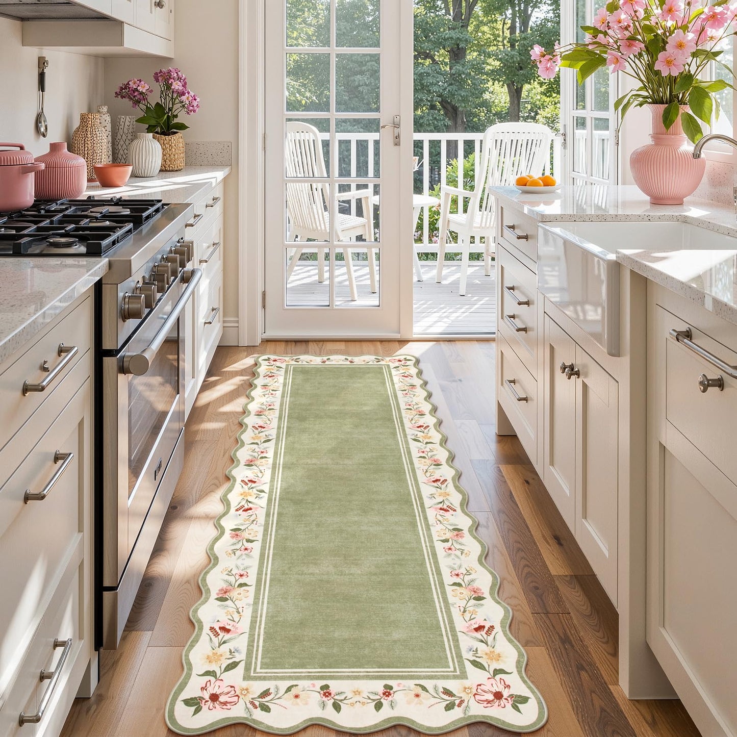 Lahome Floral 2'x 6' Washable Kitchen Runner Rug, Green Rug Runners for Hallways Non Slip, Scalloped Runner Rug Ultra-Thin Stain Resistant Boho Carpet for Entryway Bathroom Bedroom Ariele（Green，2x6ft）