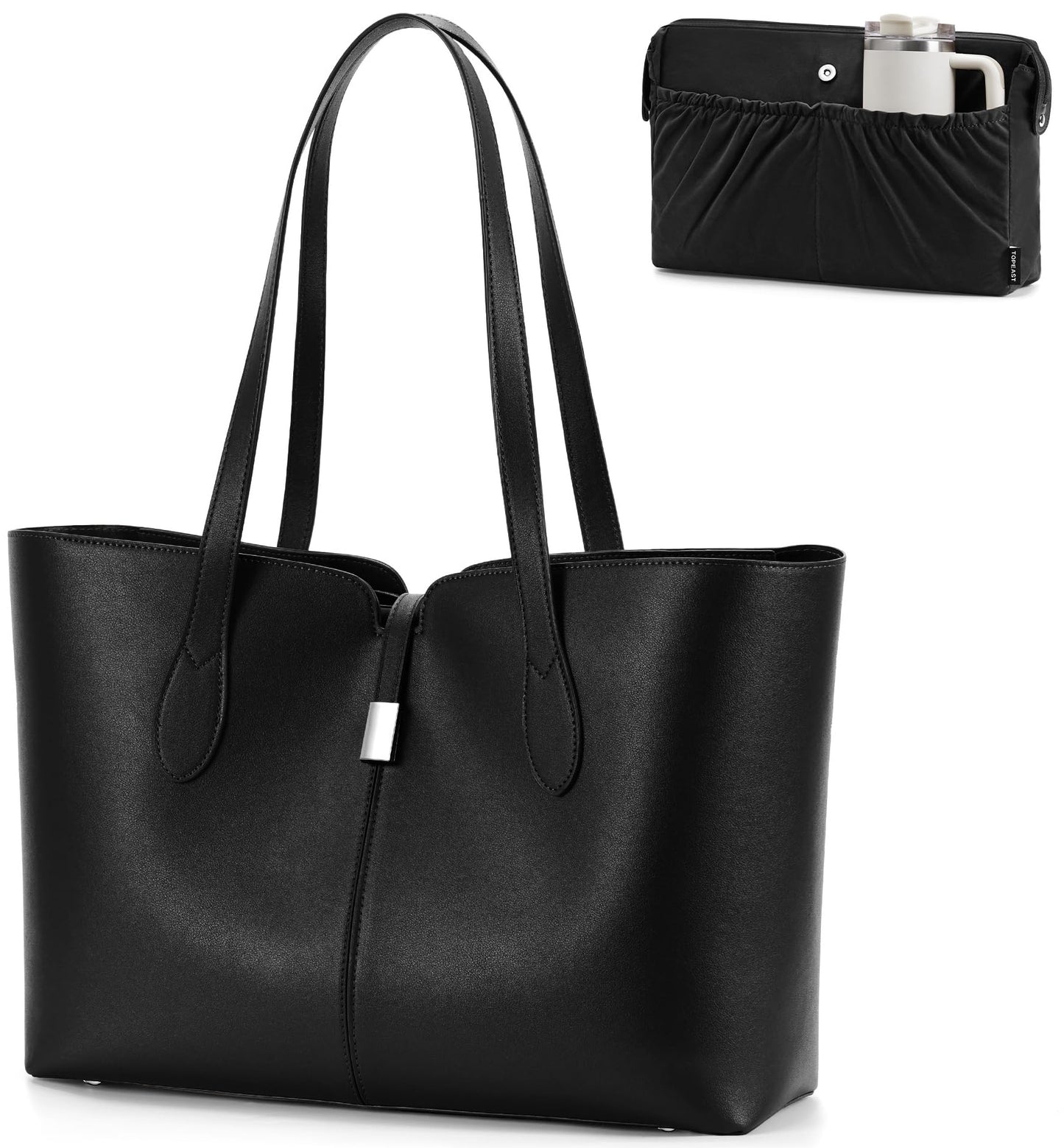 TOPEAST Laptop Tote Bag for Women, 15.6-Inch Work Bags with Removable Laptop Sleeve, Soft Leather Teacher Tote Bag with Compartments, Lightweight Computer Bag for Office, School, Briefcase, Black