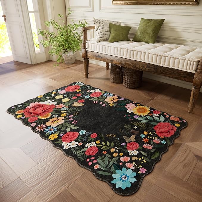 Washable Entryway Small Area Rugs: Door Mat Indoor Entrance 3x5 Floral Rug Ultra Thin Stain Resistant Non Slip Low Pile Lightweight Carpet for Kitchen, Front Door, Kids Room Decor (Black)