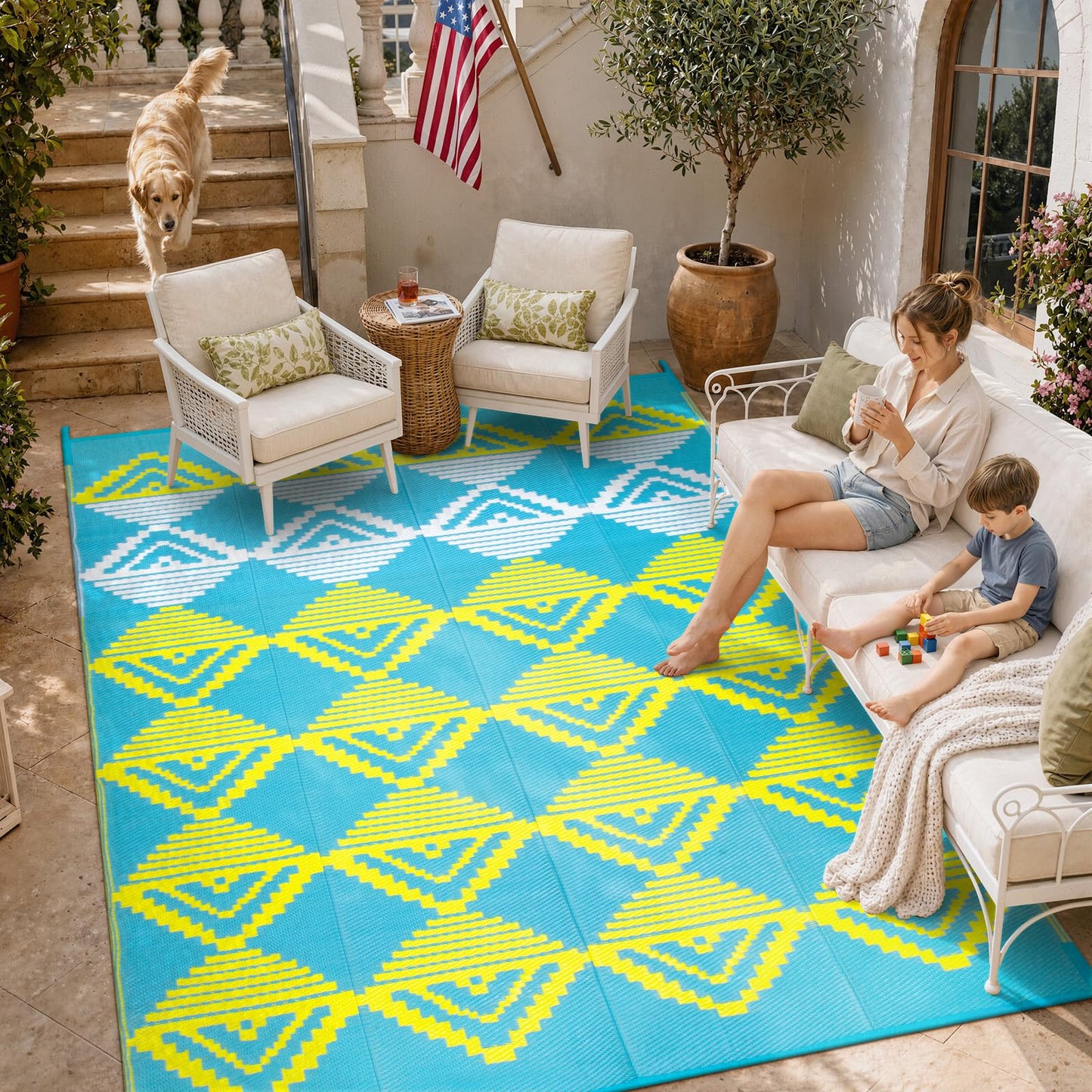 Beeiva Outdoor Rug 8x10 Waterproof for Patio, Reversible Outdoor Patio Rug for Backyard, Deck, Blue Yellow