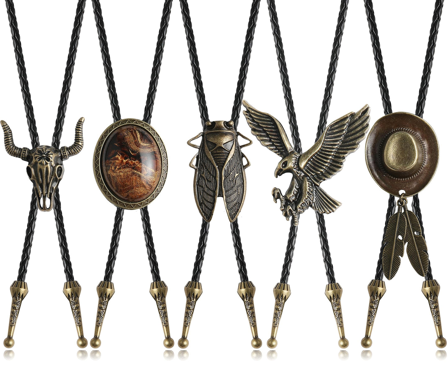 Wrlcorly 5Pcs Bolo Tie for Men Western Cowboy Leather Necktie Handmade Tiger Eye Cicada Turquoise Cow Skull Flower Eagle Halloween Costume Accessories