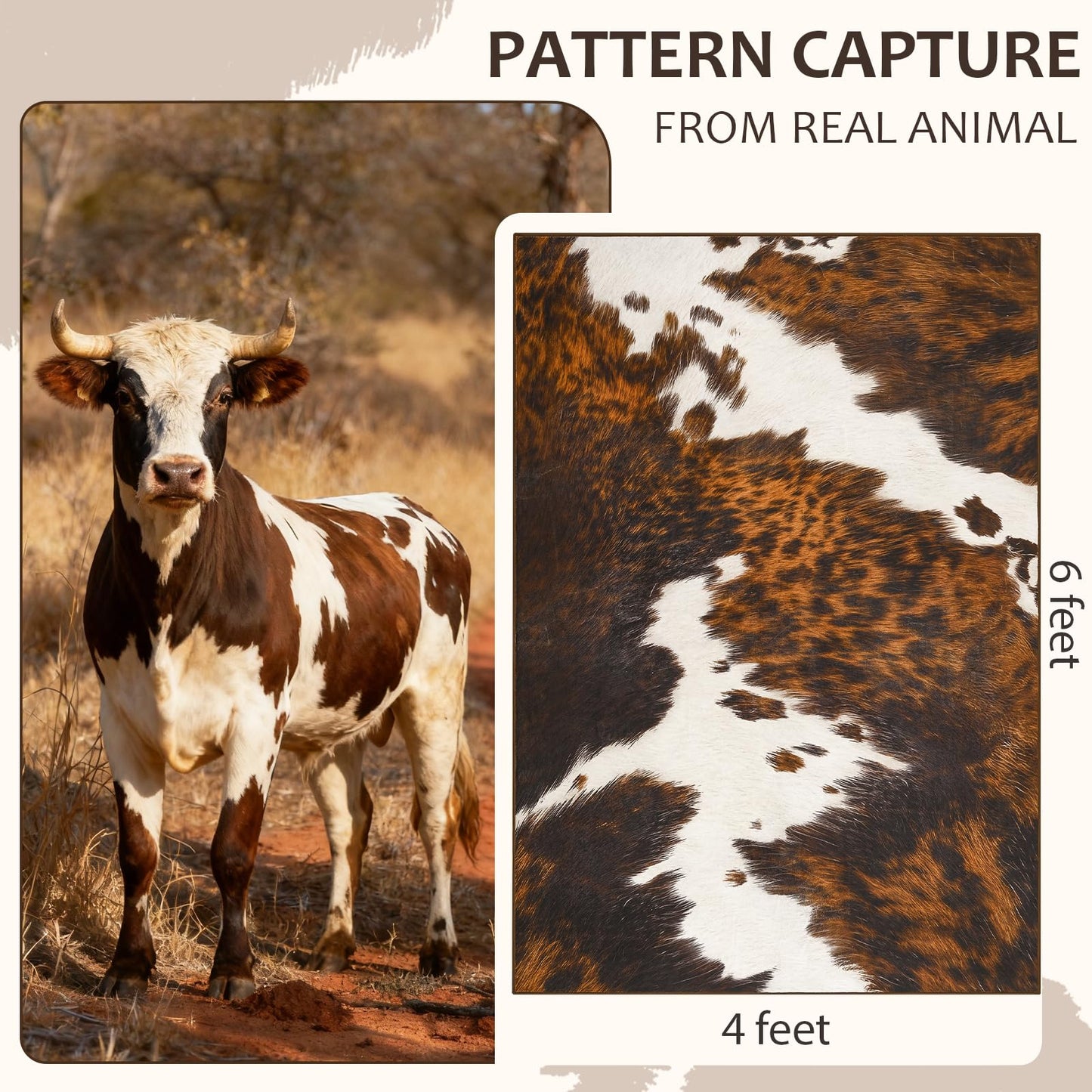 B BENRON Soft Cowhide Rug 4x6 Ft, Faux Cow Hide Rugs for Living Room Bedroom, Non-Slip TPR Backing for Hardwood Floors, Machine Washable & Easy to Clean, Pet Friendly Carpet for Kids, Brown