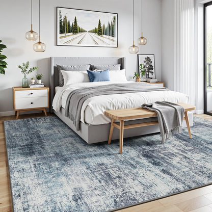 Lofus 9x12 Area Rug for Living Room, Blue Abstract Large Rugs with Non-Slip Backing, Neutral Modern Washable Carpet for Bedroom Dining Room Home Office Nursery Indoor