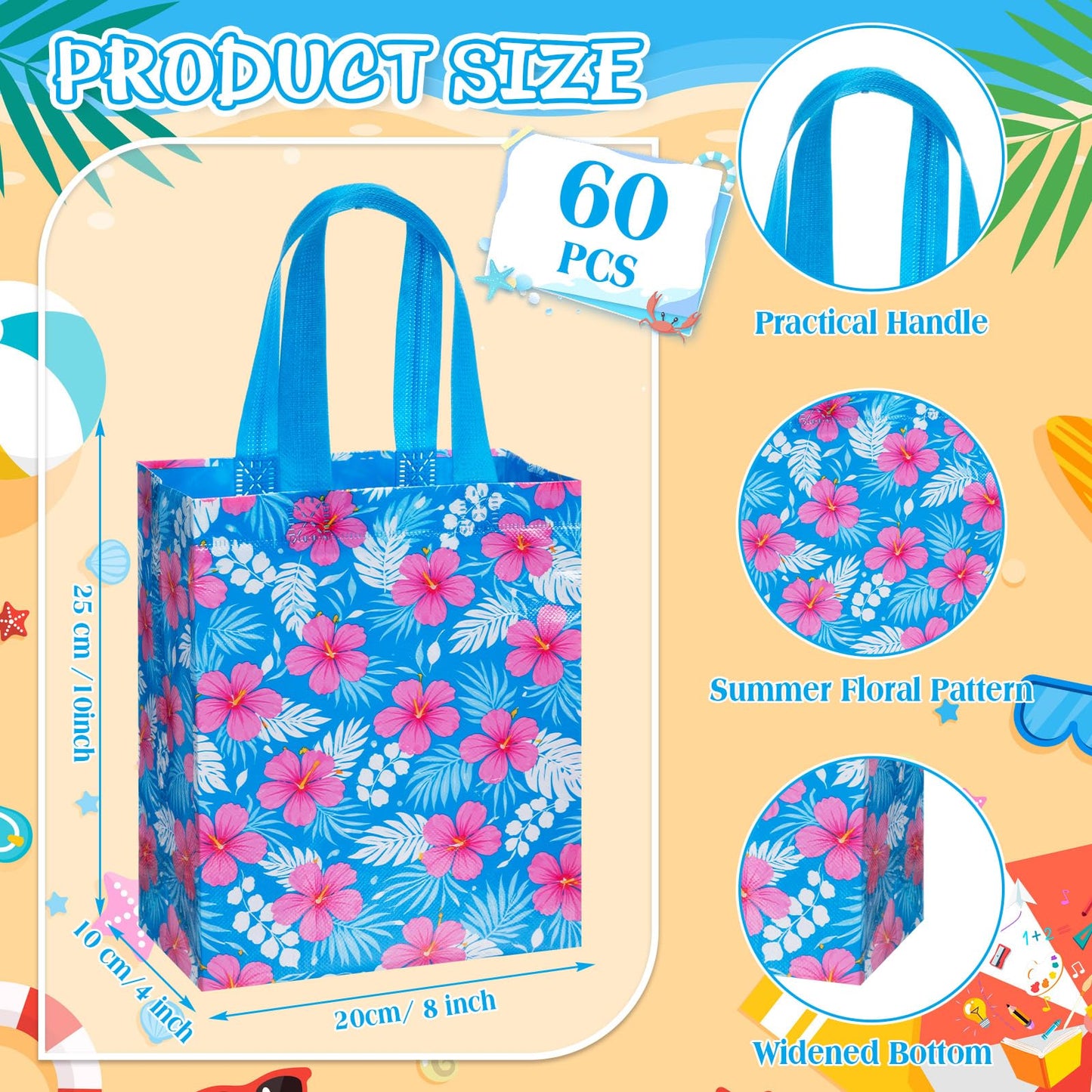 Threlaco 60 Pcs Summer Hawaiian Hibiscus Gift Bags Non Woven Reusable Tropical Blue Pink Flower Goodie Candy Tote Bag with Handles for Cartoon Animation Aloha Luau Party Supplies 10 x 8 x 4 Inch