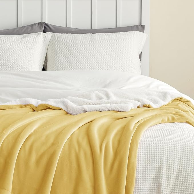 Bedsure GentleSoft Sherpa Fleece Blankets Queen Size for Bed - Thick and Warm, Soft Fuzzy Plush Queen Blanket for Winter, Yellow, 90x90 Inches