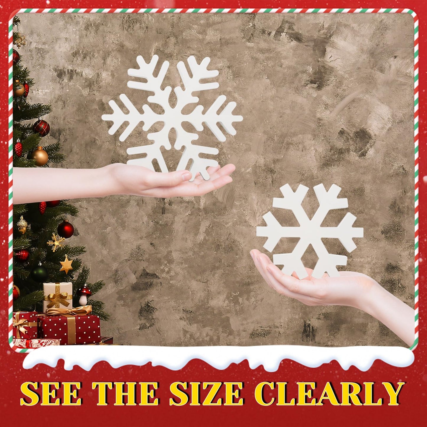 Oeyliz Winter Wooden Snowflake 3 PCS Christmas Wooden Snowflakes Decor Winter Table Decoration Wooden Snowflake Blocks Standing Table Sign Tiered Tray Decoration Xmas Indoor Home Mantle Tabletop Decor