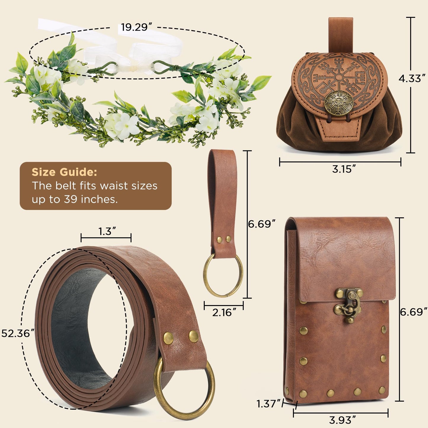 YESSA Renaissance Accessories,Medieval Viking Leather Belt Pouch Coin Purse,Ren Faire Headpiece Phone Holder Waist Bag Halloween Cosplay Pirate Costumes Set,Brown