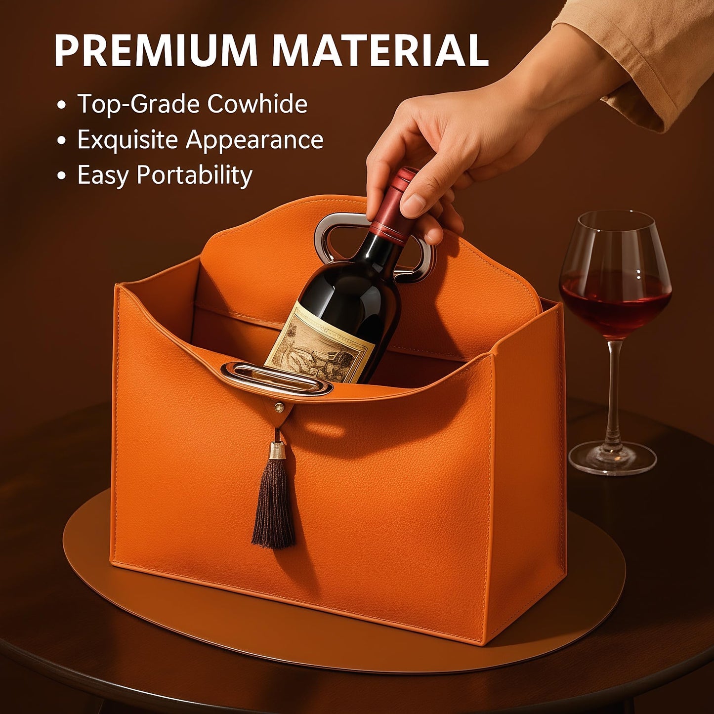 HiCrast Orange Leather Wine Tote Bag – 13x11x4 inch Portable Wine Carrier with Built-In Divider for 1-2 Bottles, Elegant Wine Travel Bag and Double Wine Gift Bag for Weddings, Parties & Picnics