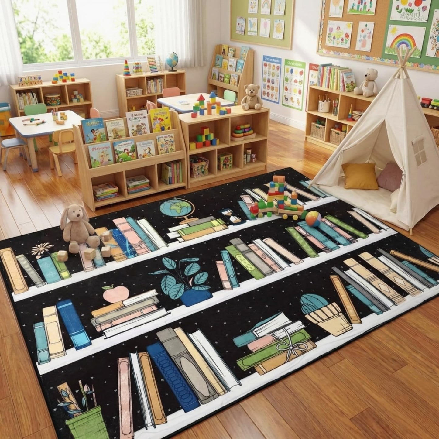 Breling 6 x 9 ft Bookshelf Reading Nook Rug Calming Corner Rug, Library Themed Classroom Floor Quote Non-Slip Reading Corner Emotion Soft Fluffy for for Classroom, Preschool, Playroom