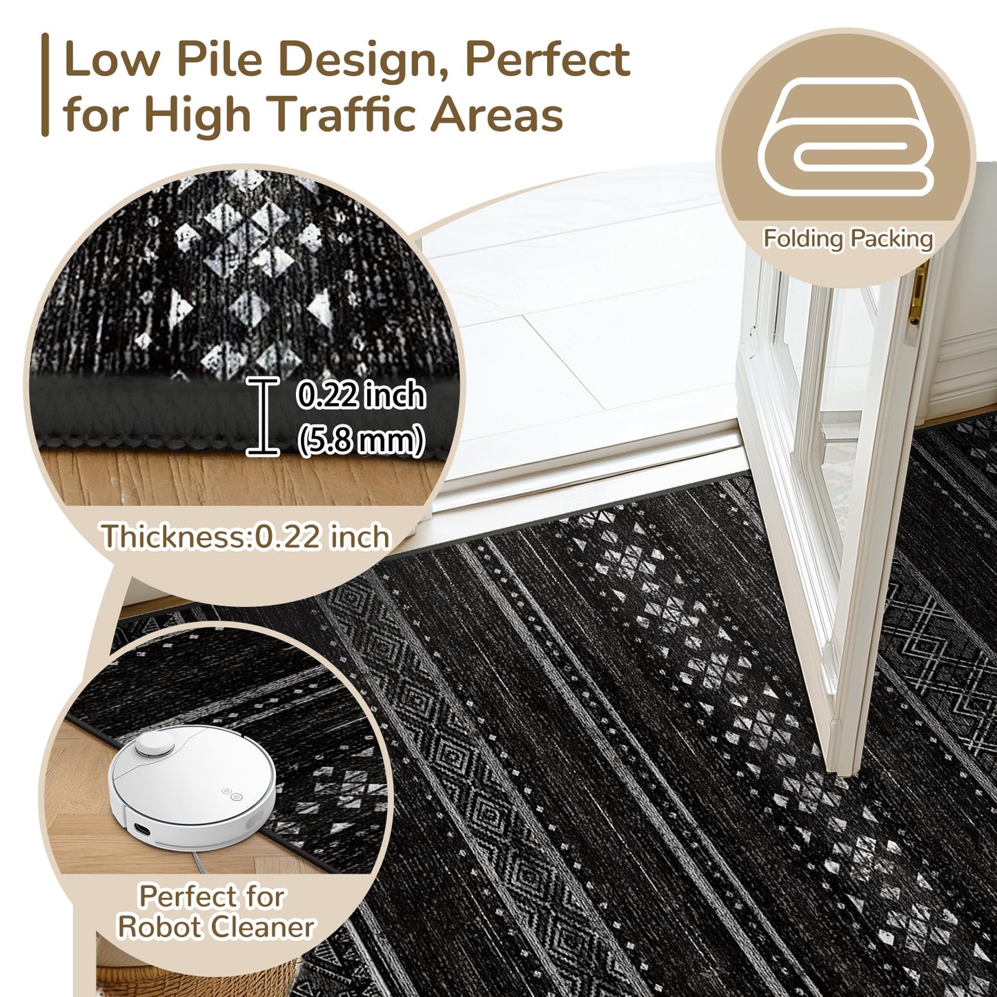 BESTSWEETIE 8x10 Area Rugs for Living Room Washable Moroccan Farmhouse Neutral Geometric Low Pile Non-Slip Soft Print Pattern Rug for Bedroom Kitchen Dining Room Entryway Black/White