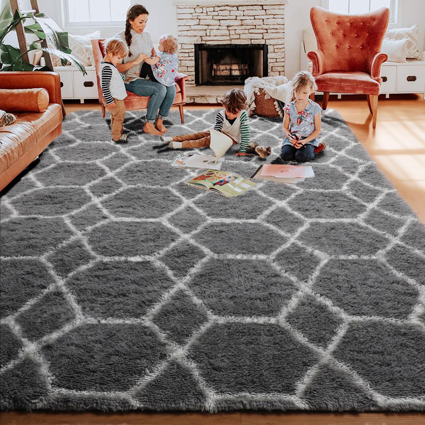 ONASAR 8x10 Area Rugs for Living Room, Fluffy Grey and White Bedroom Rug, Geometric Boho Large Soft Plush Shaggy Fuzzy Floor Carpet for Nursery Kids Classroom Playroom Dorm Home Decor