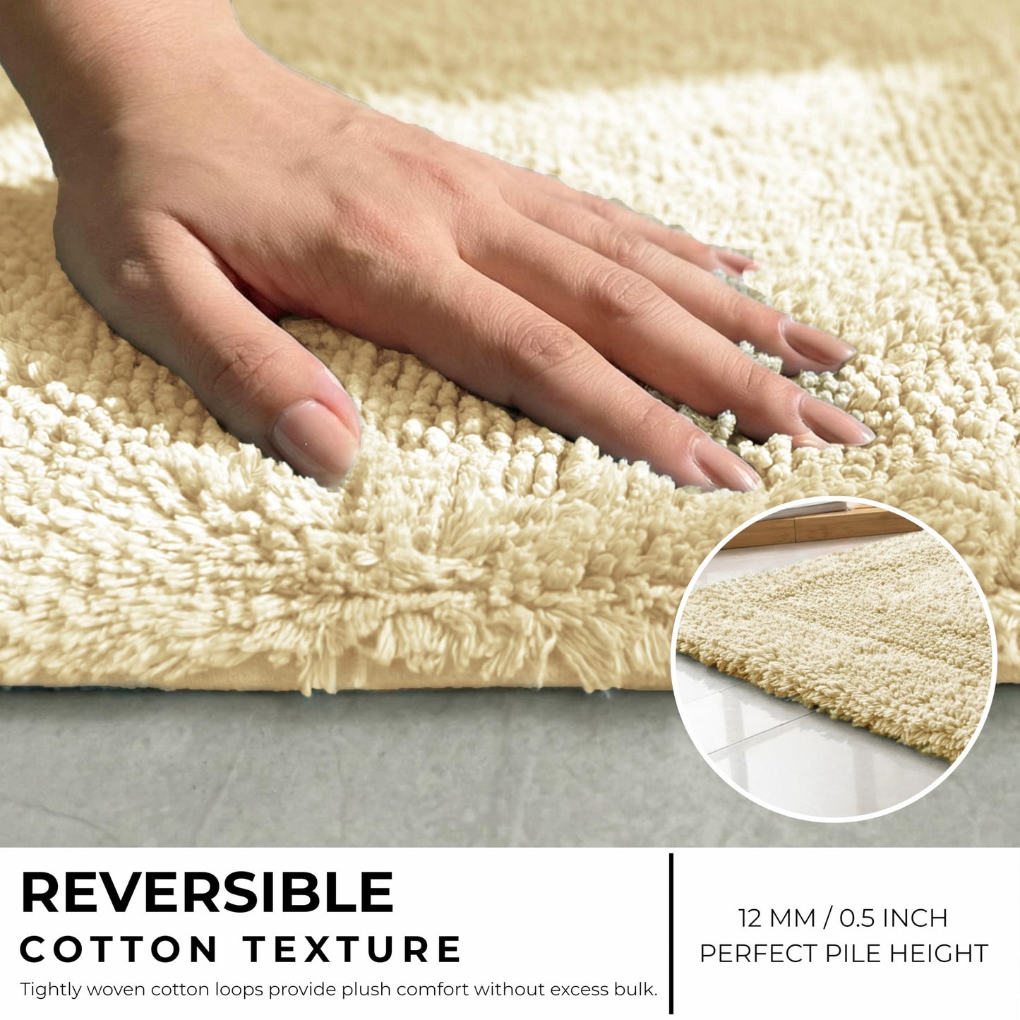 Cotton Reversible Bathmat Rug Set of 2, 21x32/17x24 Inches - Light Yellow, Quick Dry Water Absorbent Hotel Quality Bath Rugs Ideal for Kitchen, Bathroom, Toilet | Spa Style Ultra Soft Mat for Washable