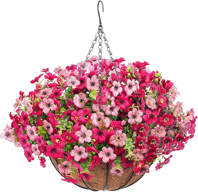 Artificial Hanging Faux Flowers Basket, Fake Silk Daisy Eucalyptus Plants Arrangement,for Spring Summer Outdoor Decoration,UV Resistant, Coconut Planter,Look Real for Home Garden Décor (Rosered Pink)