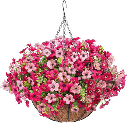 Artificial Hanging Faux Flowers Basket, Fake Silk Daisy Eucalyptus Plants Arrangement,for Spring Summer Outdoor Decoration,UV Resistant, Coconut Planter,Look Real for Home Garden Décor (Rosered Pink)