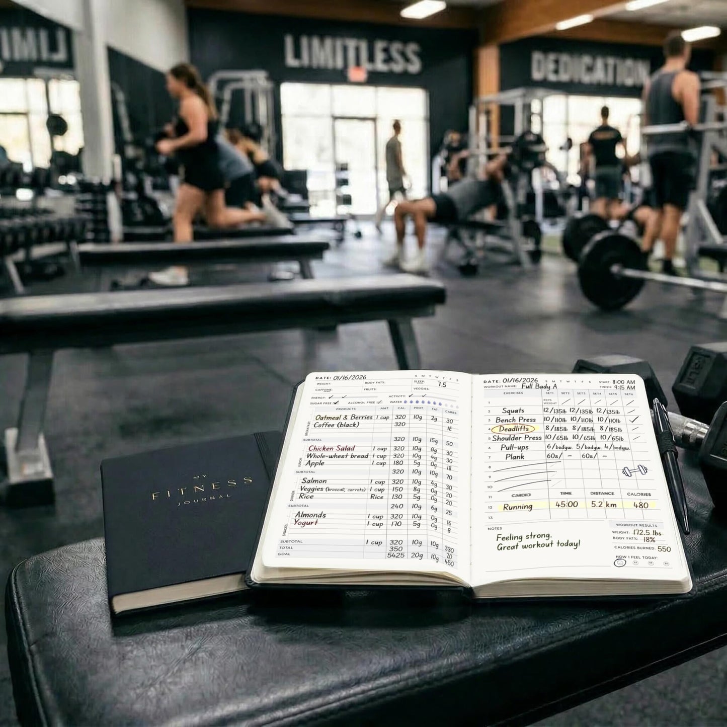 &And Per Se Workout and Food Journal – Fitness Journal with Daily Diet Tracker & Gym Exercise Log Book for Men & Women – Undated, A5 Size, Leather Hardcover (Black)