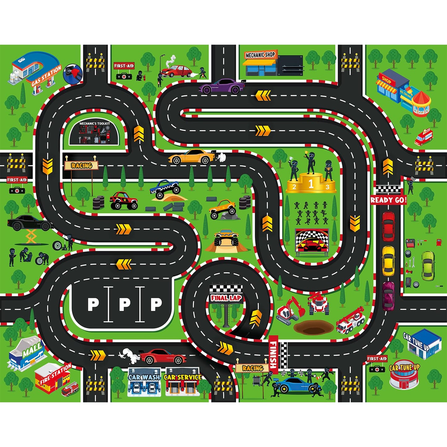 Quntue Kids Play Rug 4x5 Ft, Non-Slip Race Track Car Rug Play Mat, Washable Soft Road Carpet for Boys Room, Playroom, Bedroom, Nursery, Classroom