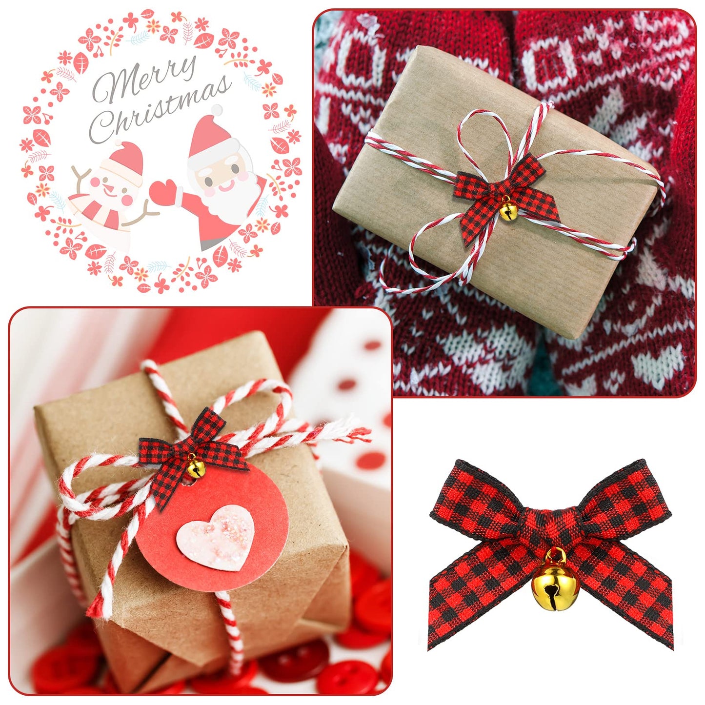 Dingion 50 Pieces Christmas Bow with Bell Mini Plaid Buffalo Plaid Bow Gingham Xmas Bells for Christmas Tree Crafts Home Decoration DIY Making Ornament(Red and Black)