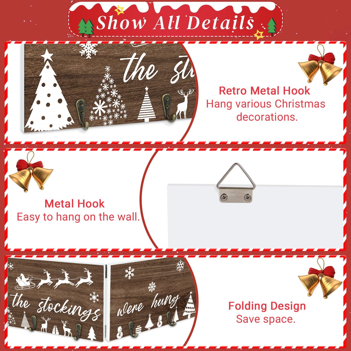 LIKAJON Wooden Christmas Stocking Holder for Wall, 24.8 Inches Xmas Stocking Hangers for Wall, The Stocking were Hung Wood Hanging Sign with 6 Hangers for Christmas Fireplace Mantel Decorations